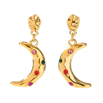 18K Gold Noble Atmosphere Crescent Moon Inlaid Color Zircon Design Pendant Earrings