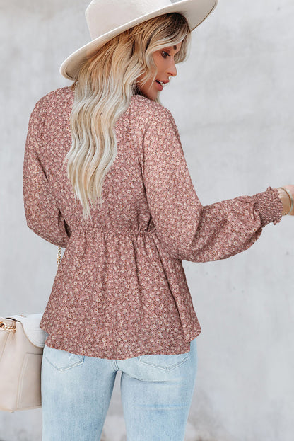 Brown Floral Print Front Tie Ruffled Long Sleeve Blouse