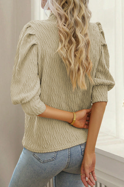 Apricot Textured Ruched Puff Sleeve Mock Neck Top