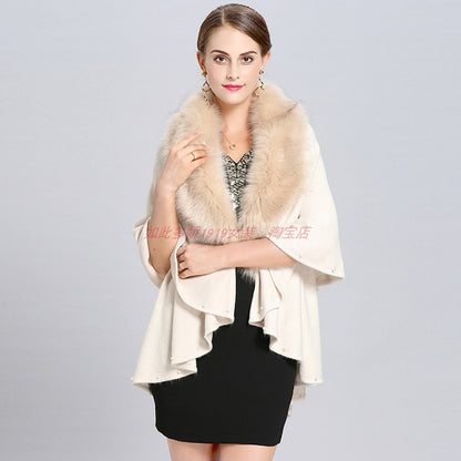 Women's Fashion Fur Collar Beaded Double Layer Inverness