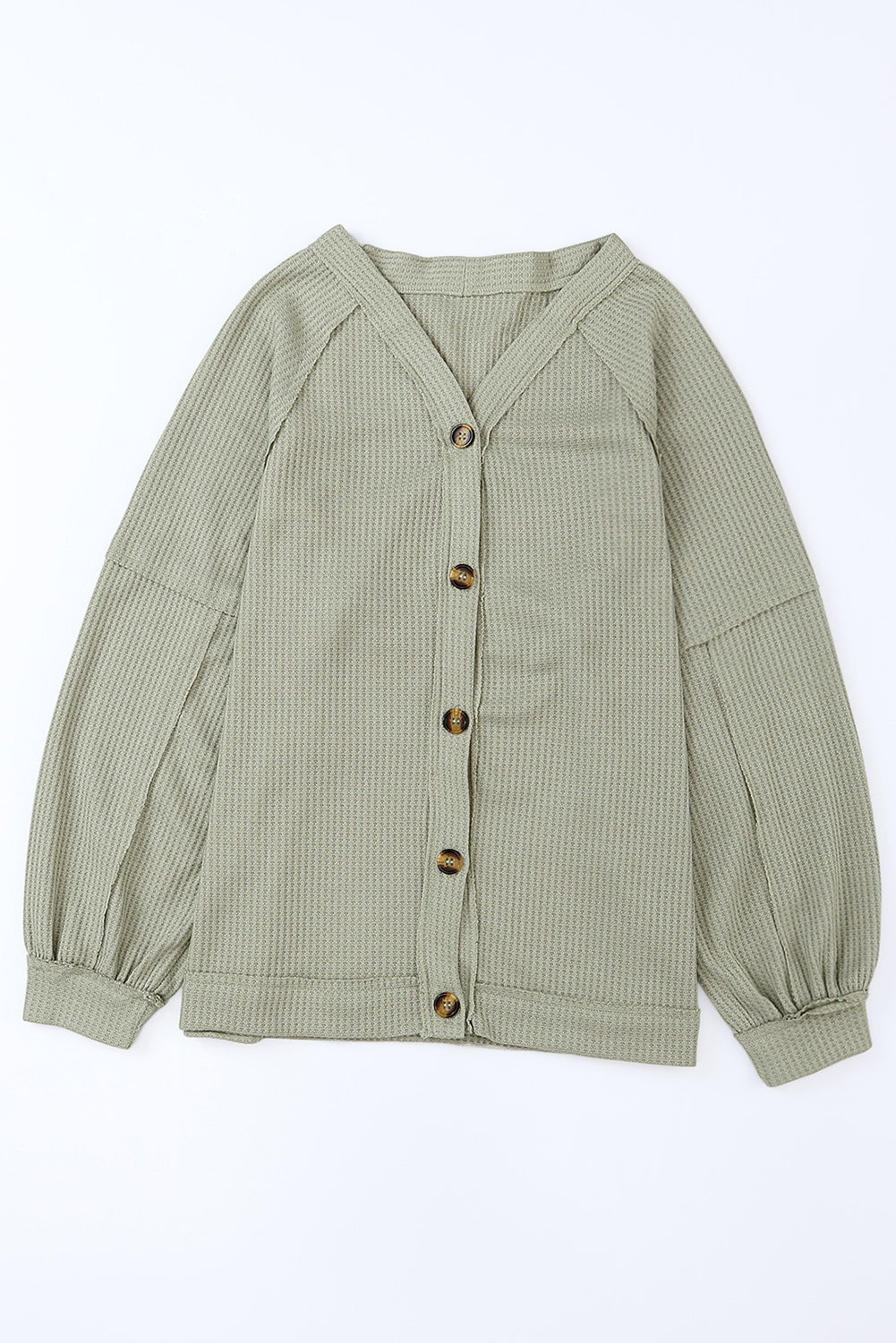 Green Exposed Seam Buttons Front Waffle Knit Cardigan