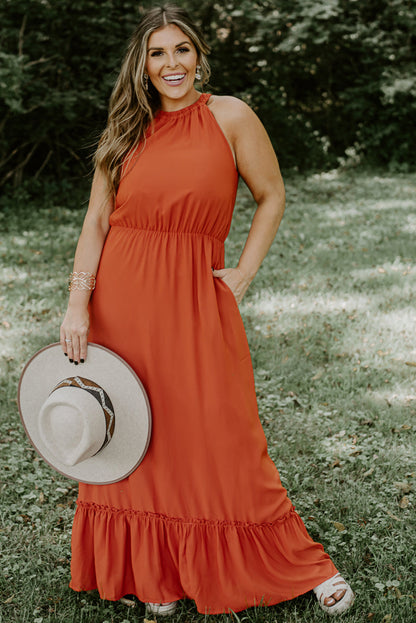 Russet Orange Plus Size Ruffled Hem Sleeveless Long Dress