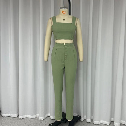 Einfarbiges, kurzes Crop-Top, Spaghettiträger-Top, Hose mit hoher Taille, zweiteiliges Set