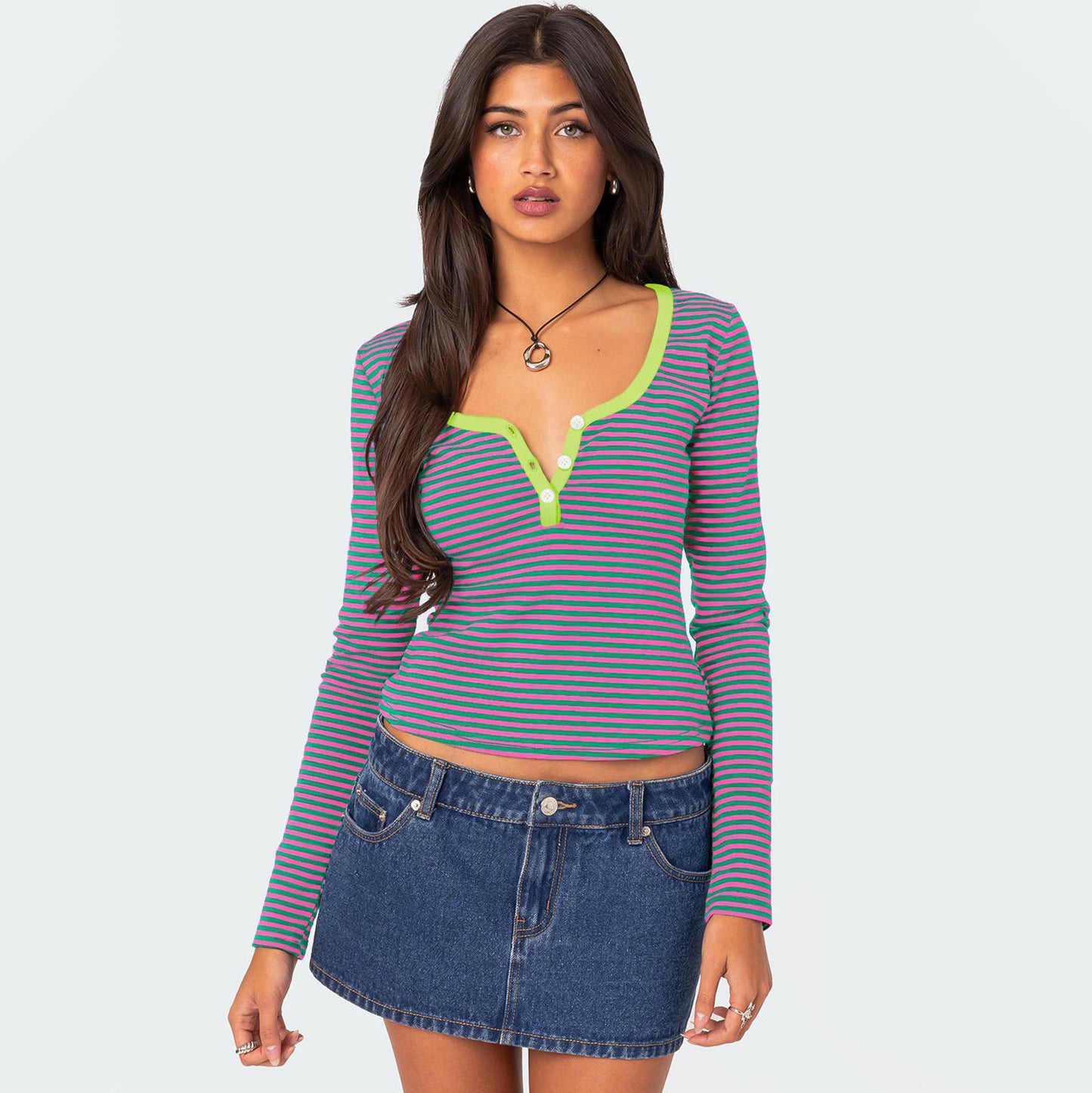 Pull rayé de couleur contrastée T-shirt slim boutonné pour femme