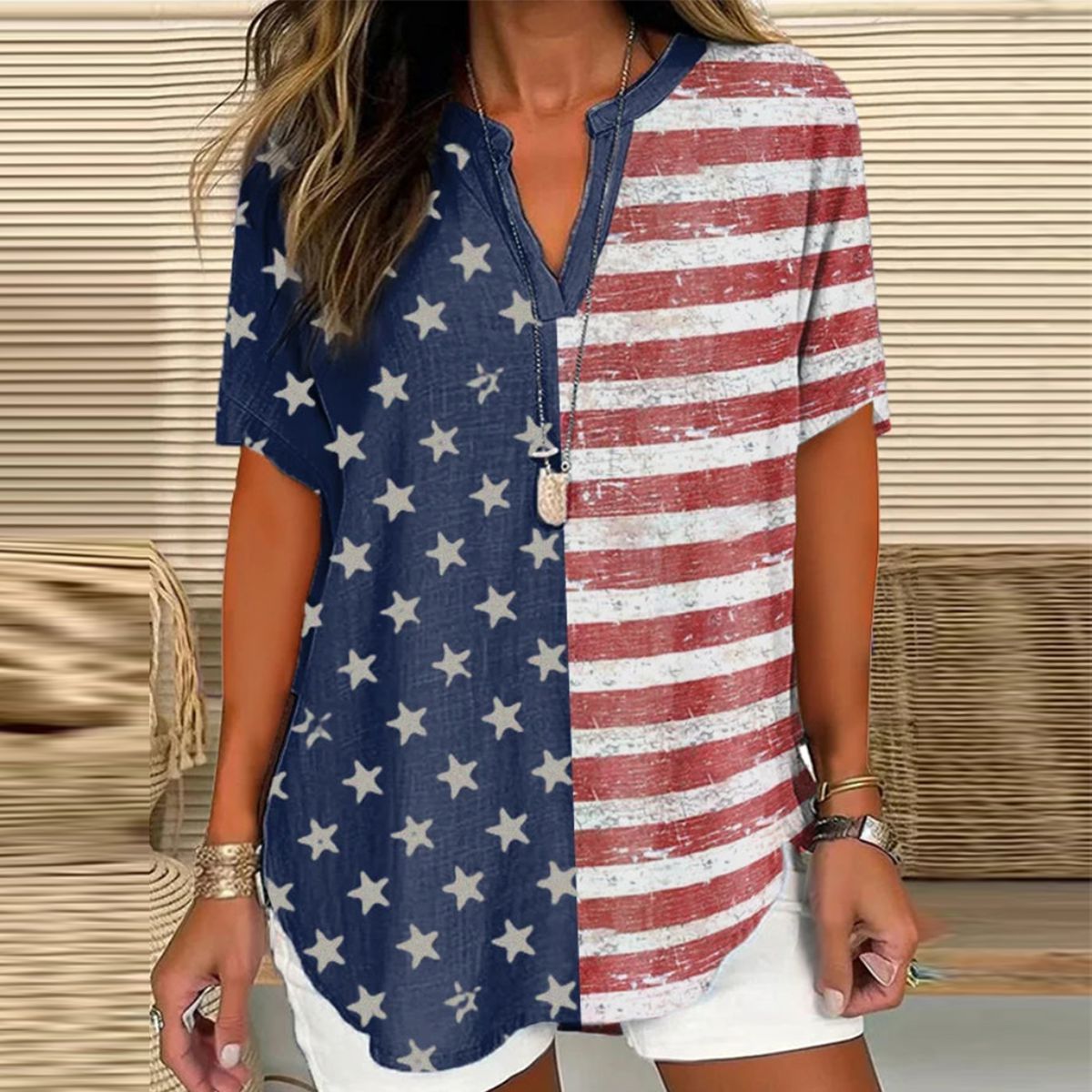 Small V-neck Long Sleeve Independence Day Floral Simple Casual Elegant T-shirt Long Sleeve