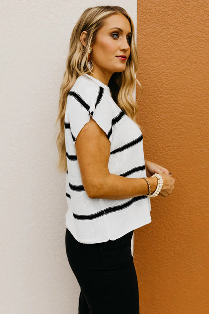 White Striped Center Seamed Short Sleeve Sweater