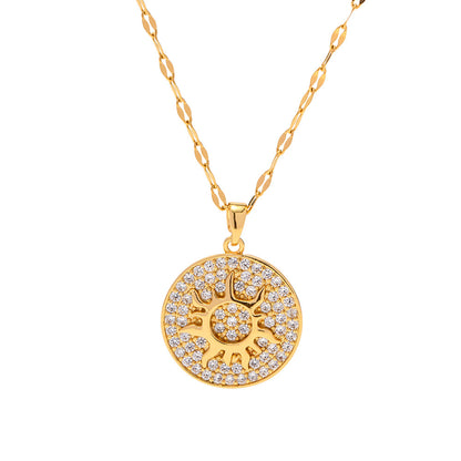 18K Gold Exquisite Simple Inlaid White Zircon Sun Disc Design Pendant Necklace