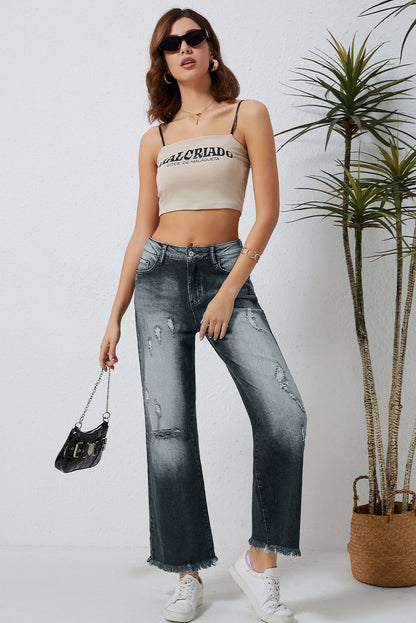 Graue Vintage-Jeans mit weitem Bein im Used-Look