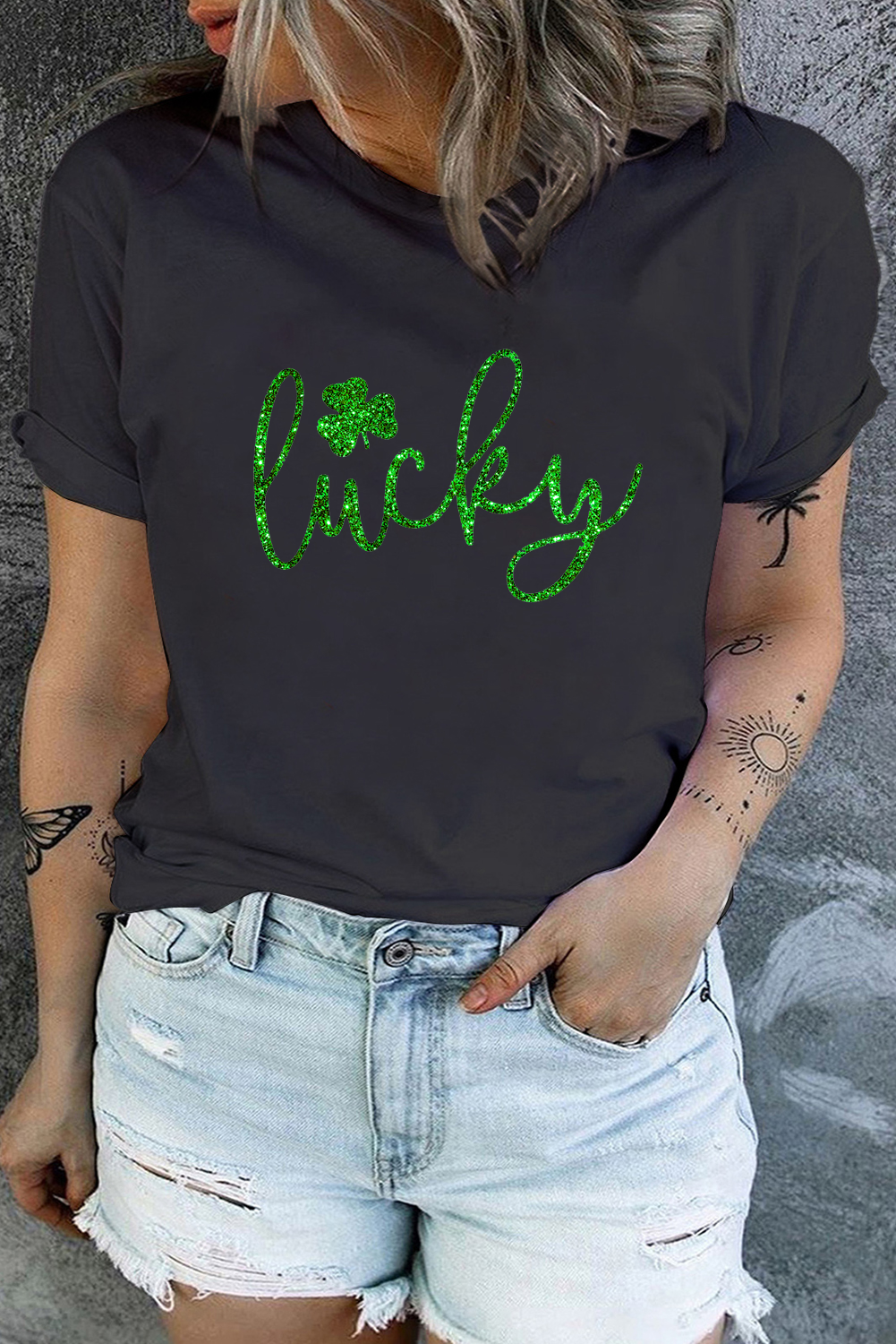 Weißes T-Shirt mit Rundhalsausschnitt und glitzerndem Lucky Clover-Print