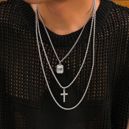 18K gold three-layer stacked with cross design hip-hop necklace