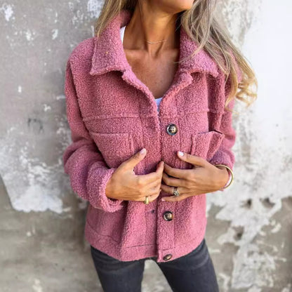 Manteau en laine d'agneau à revers simple boutonnage pour femme