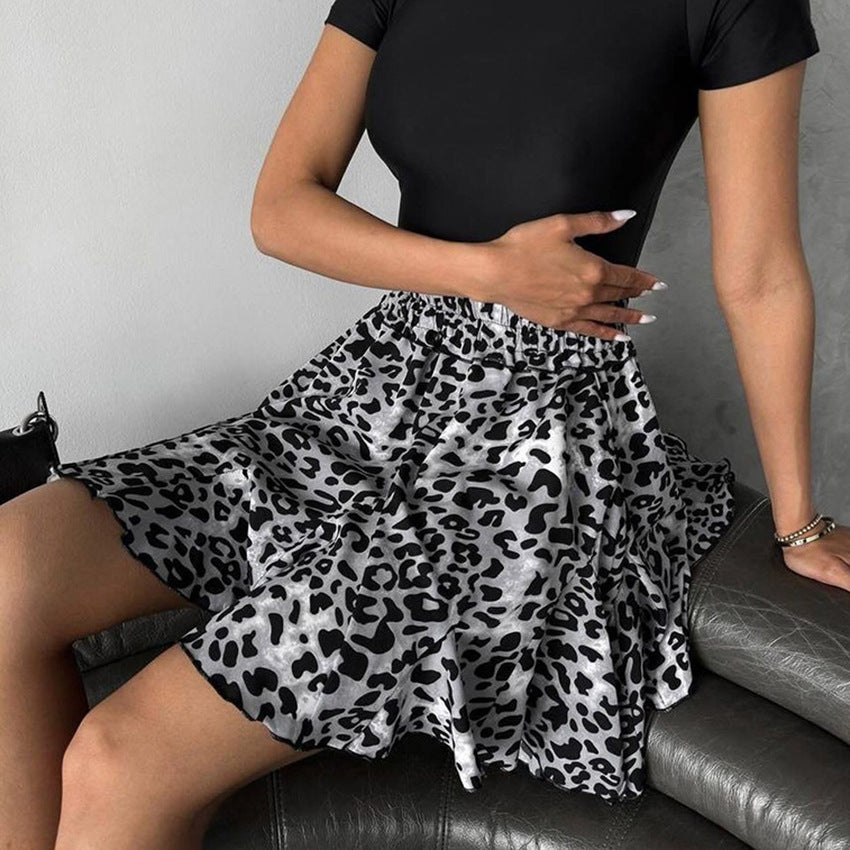 American Retro High Waist Leopard-print Design Asymmetric A- Line Skirt Short Skirt