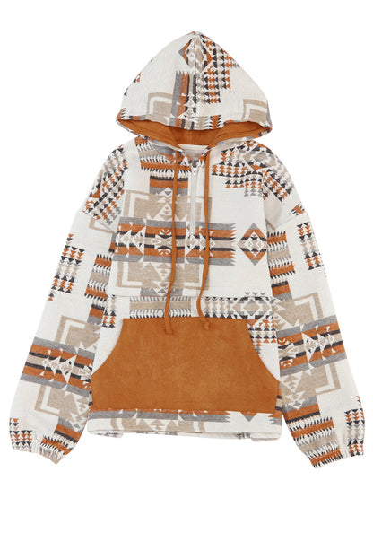 Sweat à capuche demi-zip beige à imprimé aztèque et poche kangourou