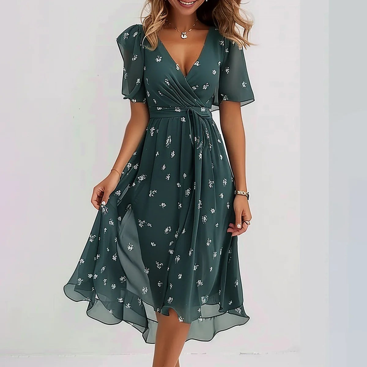 Elegantes, junges Chiffonkleid mit V-Ausschnitt und Print für Damen