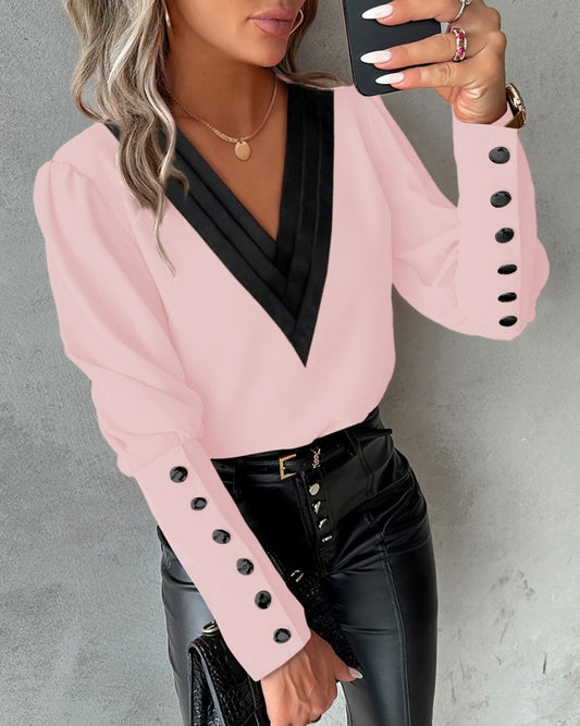 Autumn Fashion V-neck Solid Color Long Sleeve Button Ladies Shirt Blouse