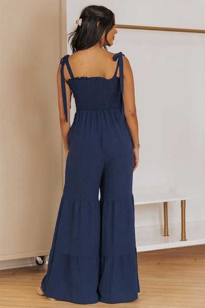 Apricot Tie Straps Shirred Casual Tiered Wide Leg Jumpsuit