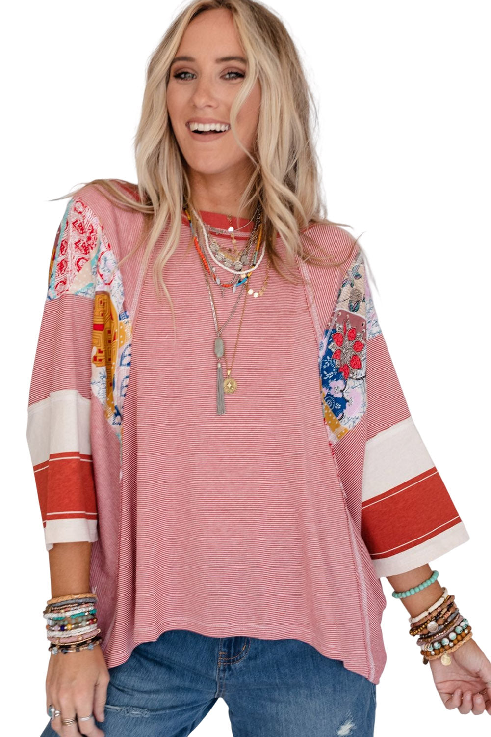 Himmelblaues, gestreiftes und florales Patchwork-Oversize-Top