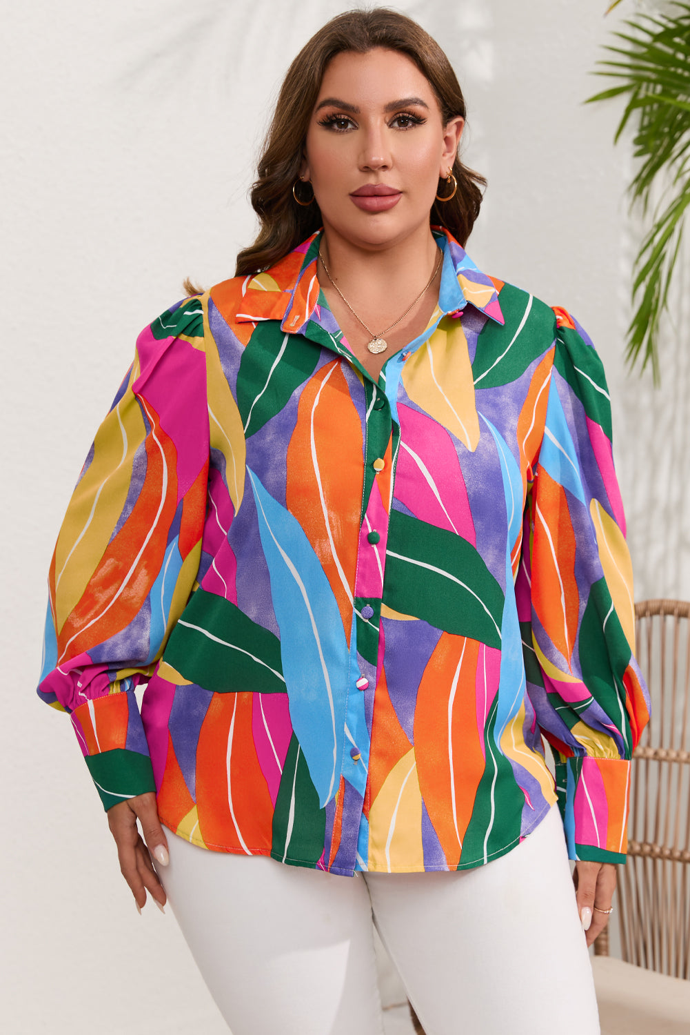 Multicolor Abstract Print Puff Sleeve Plus Size Shirt