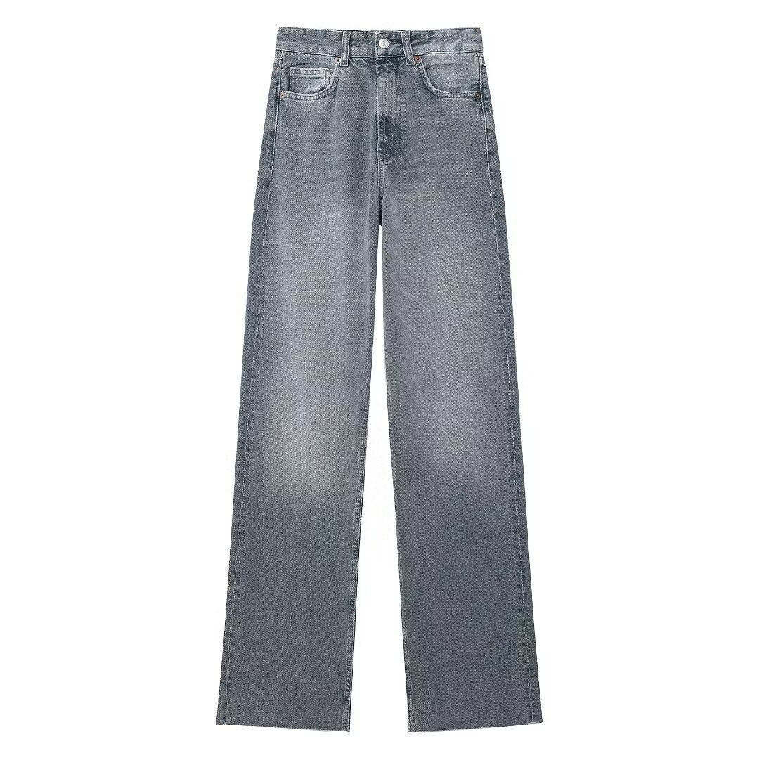 Pantalon en denim décontracté à taille haute et jambe large pour femme