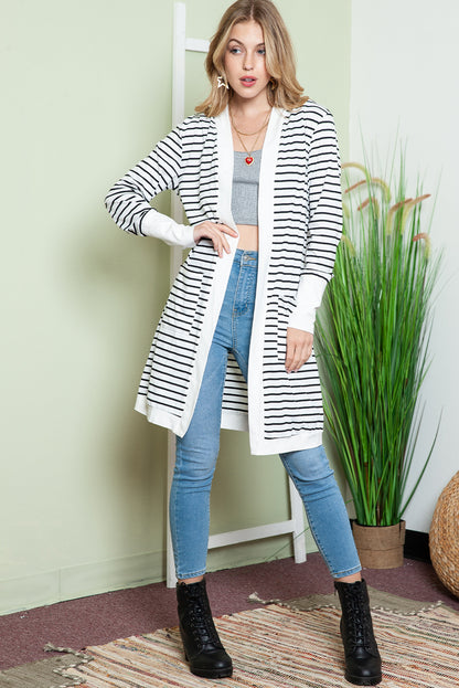 Cardigan long rayé blanc avec poches latérales et devant ouvert