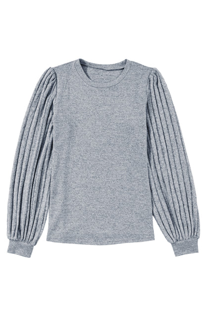 Gray Solid Color Contrast Ribbed Bishop Sleeve Top