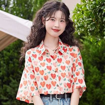 Women's Hong Kong Style Retro Heart Printing Shirt