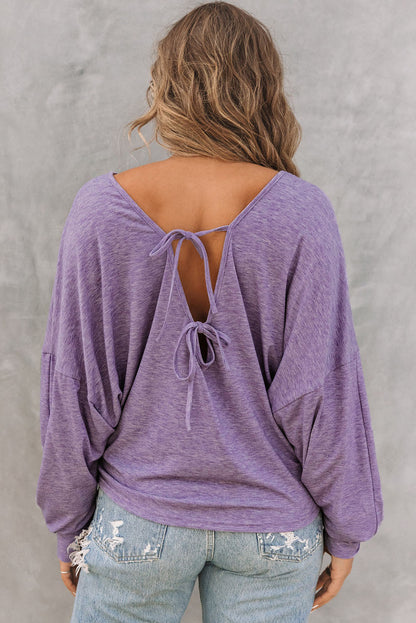 Purple Plain Tie Back Drop Shoulder Long Sleeve Top