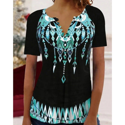 Women's Digital Printed V-neck Button Short-sleeved Top