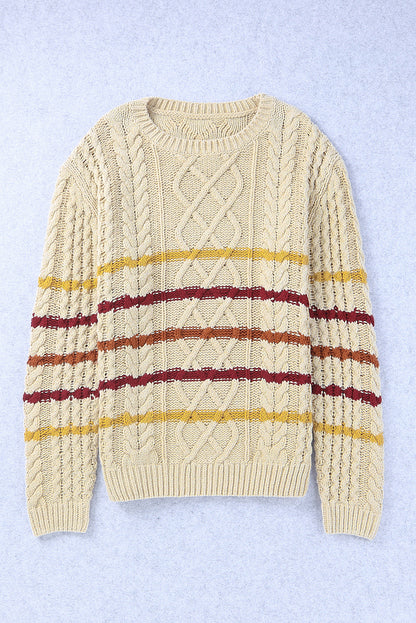 Khaki Striped Color Block Textured Knit Pullover Sweater