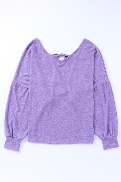 Purple Plain Tie Back Drop Shoulder Long Sleeve Top