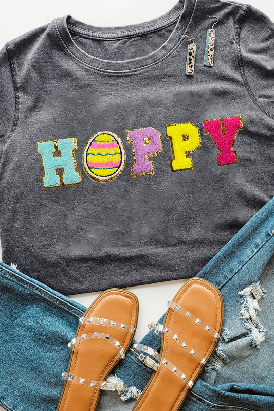 T-shirt graphique gris oeuf de Pâques HAPPY Chenille lettre