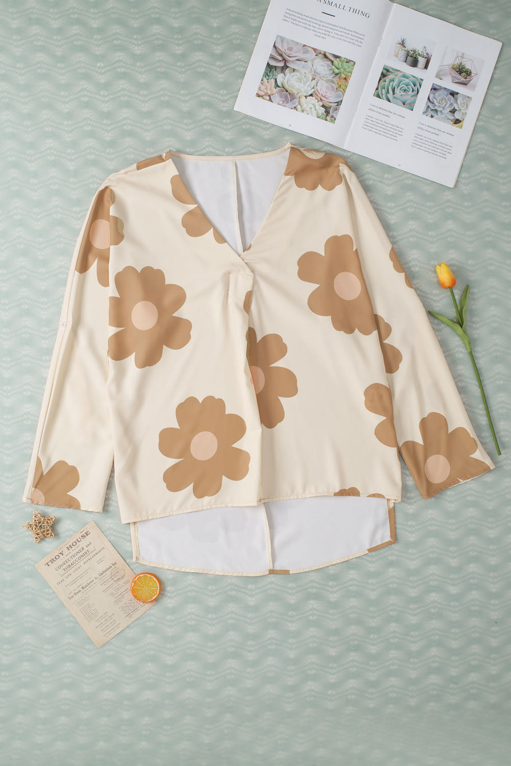 Khaki Flower Print Batwing Sleeve Side Slits Blouse