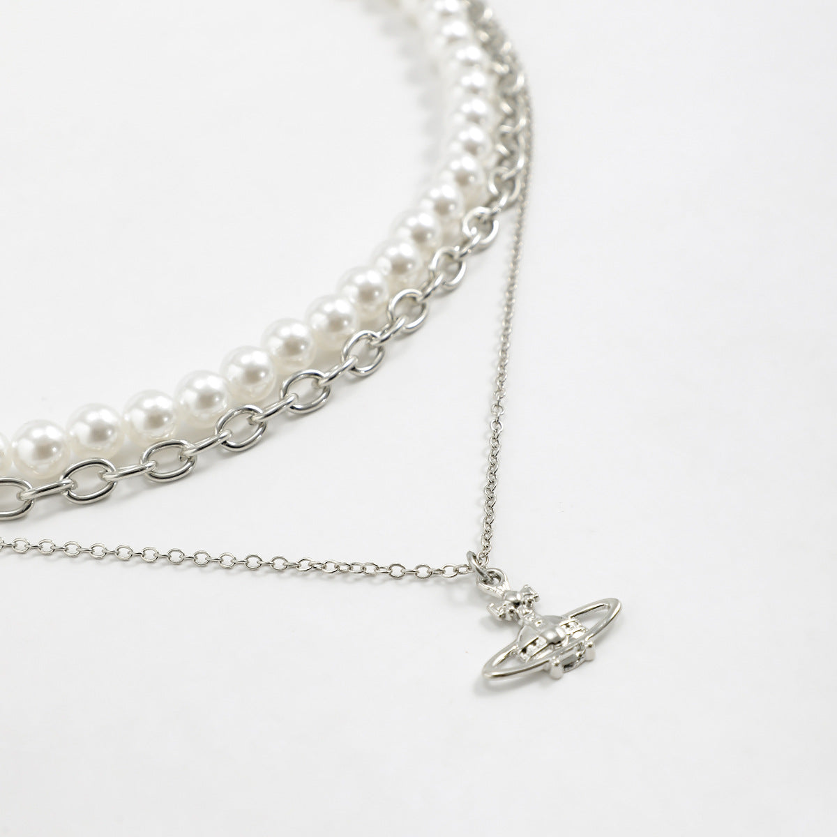 Trendy simple pearl chain with cross planet three-layer design all-match necklace