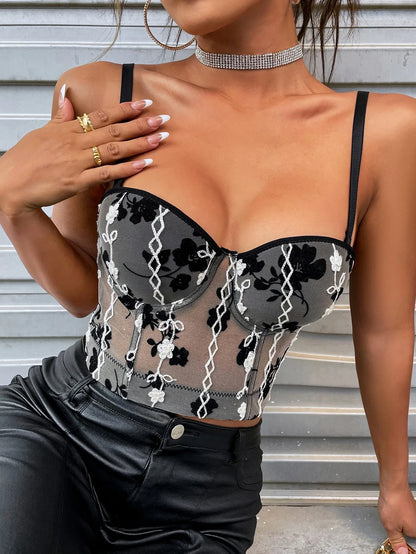 Sexy Female Floral Embroidered Bustier Transparent Tight-fitting Carnival Clubwear Corset Cami Strap Top