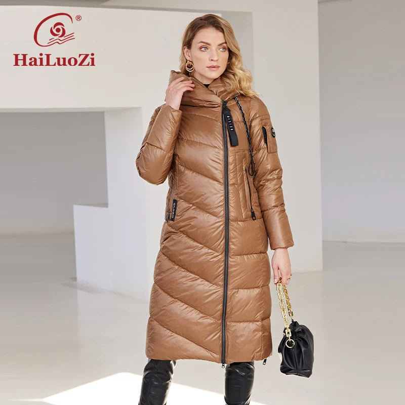 HaiLuoZi 2022 nouvelle veste d'hiver pour femme longue chaude coupe-vent à capuche fermeture éclair matelassé décontracté mince coton dame Parkas femmes manteau 6055