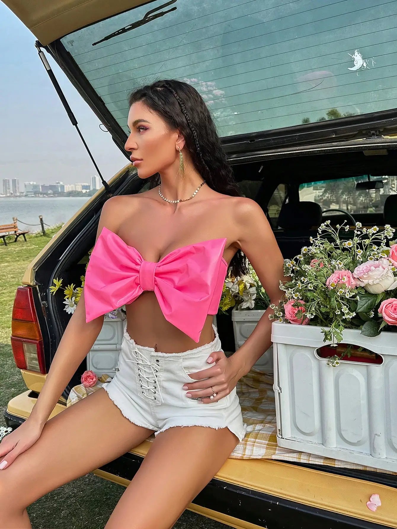 2023 Sexy Women Sweet Hot Rave Pink Big Bow PU Strapless Leather Front Crop Tube Top Patry Club Outfit