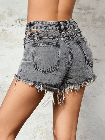 2023 sommer Frauen Shorts Jeans Rave Ripped Cut Out Taille Verzierte Detail Raw Saum Denim Shorts Mujer