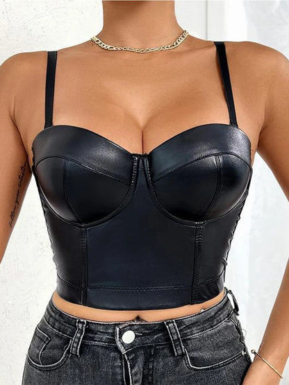 Sexy Stretch Solid PU Leather Look Bustier Crop Corset Top Party Clubwear Body Shaper