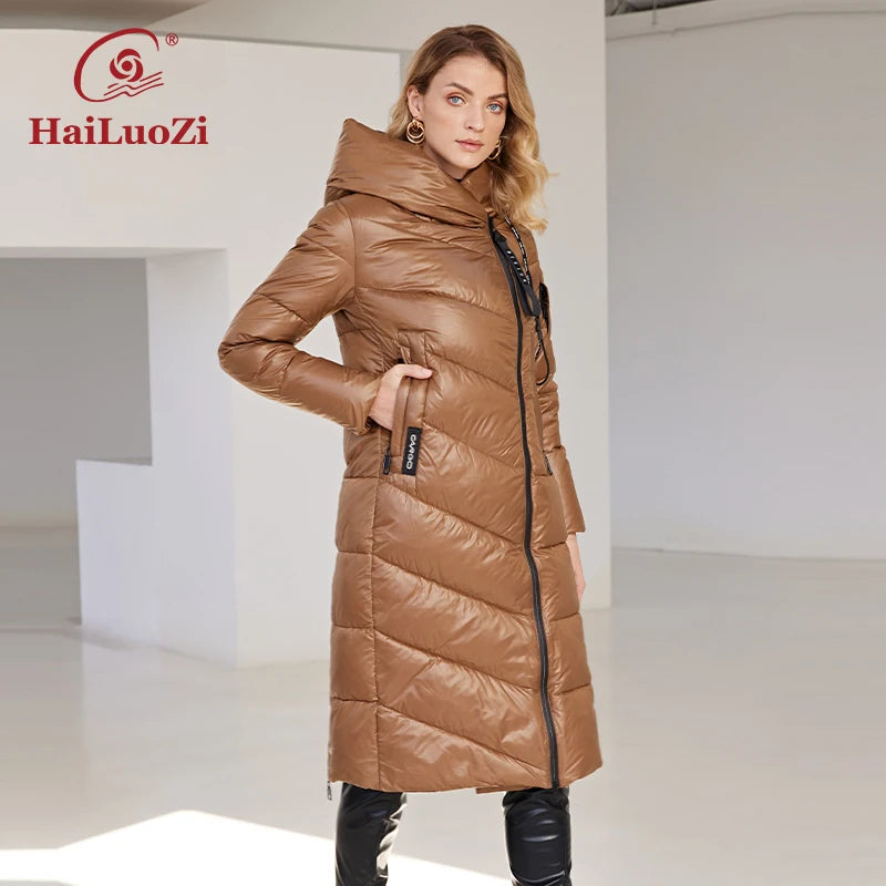 HaiLuoZi 2022 nouvelle veste d'hiver pour femme longue chaude coupe-vent à capuche fermeture éclair matelassé décontracté mince coton dame Parkas femmes manteau 6055