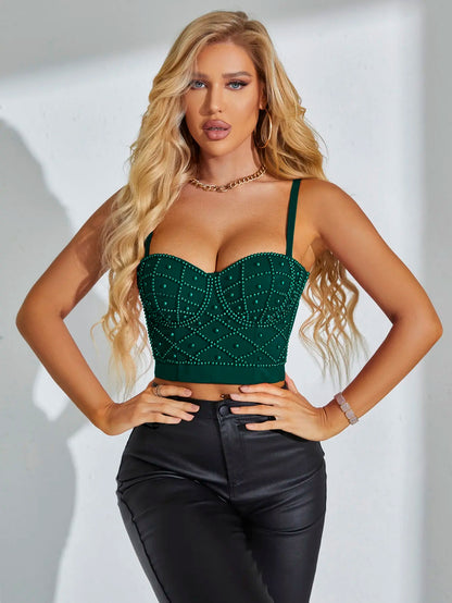 Sexy Women Rave Party Faux Pearl Beaded Back Button Spaghetti Strap Bustier Corset Cami Top Clubwear