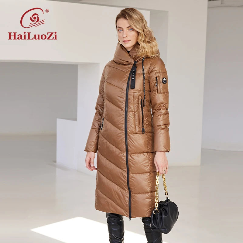 HaiLuoZi 2022 nouvelle veste d'hiver pour femme longue chaude coupe-vent à capuche fermeture éclair matelassé décontracté mince coton dame Parkas femmes manteau 6055