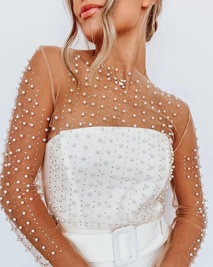 Haut court de Style carnaval pour femmes, avec perles et strass, maille transparente, Cover-Up pour club, sans soutien-gorge