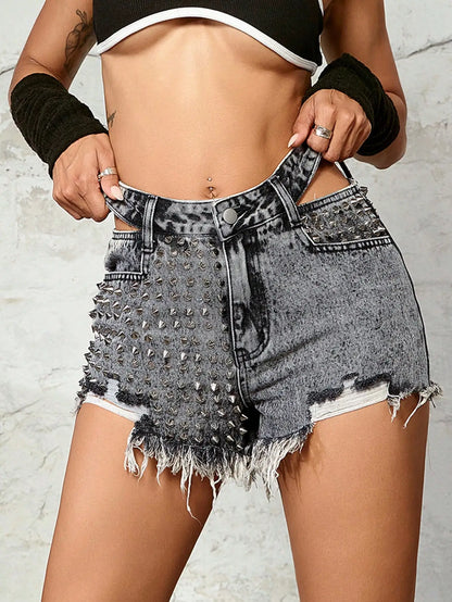 2023 sommer Frauen Shorts Jeans Rave Ripped Cut Out Taille Verzierte Detail Raw Saum Denim Shorts Mujer