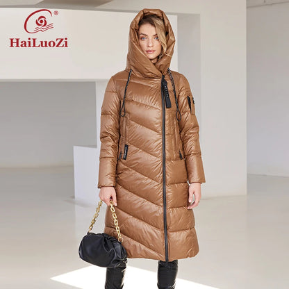 HaiLuoZi 2022 nouvelle veste d'hiver pour femme longue chaude coupe-vent à capuche fermeture éclair matelassé décontracté mince coton dame Parkas femmes manteau 6055