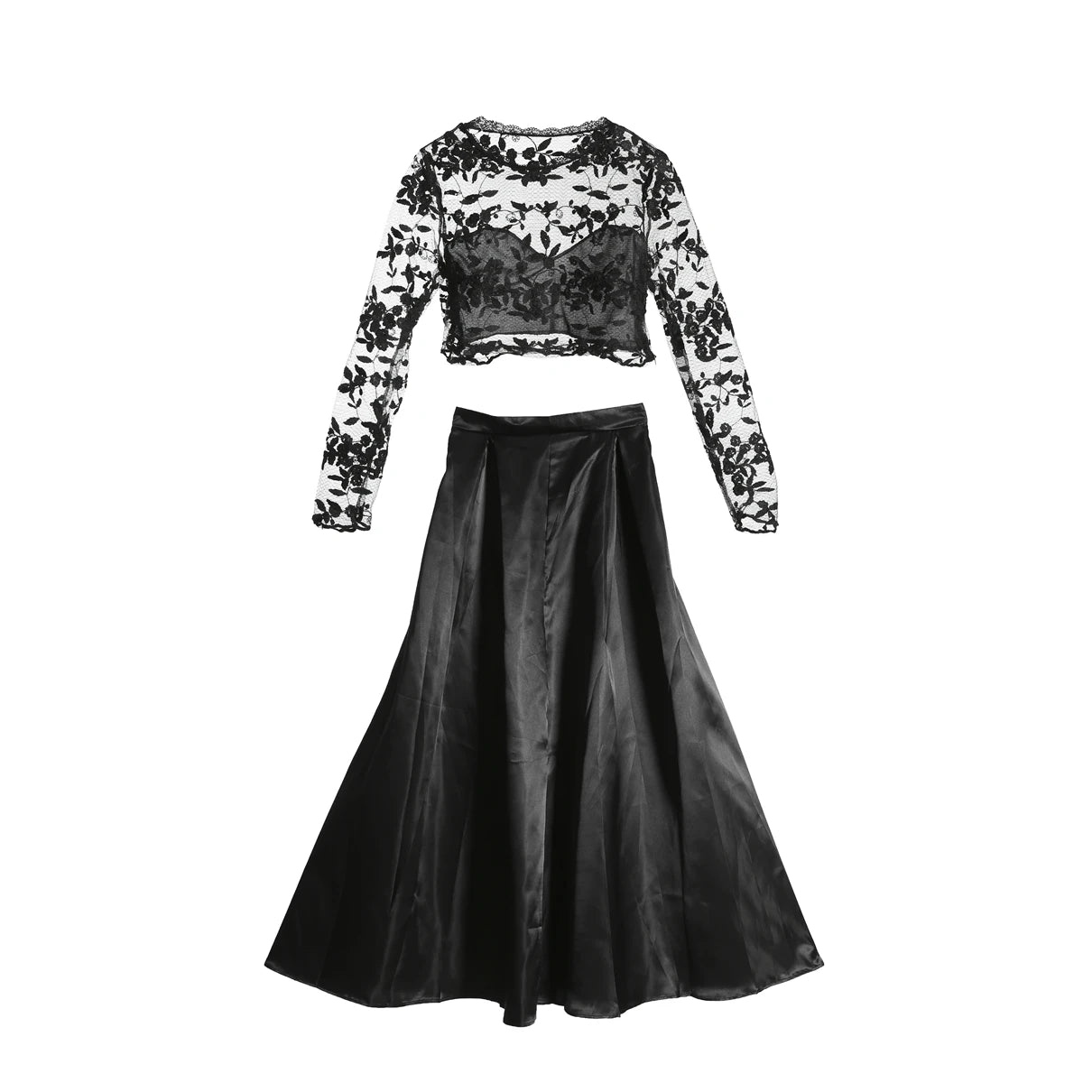 2pcs Set Elegant Formal Black Long Skirt Sexy Women Prom Long Dress Evening Party Lace Tops Long Maxi Ball Gown Skirt Hot