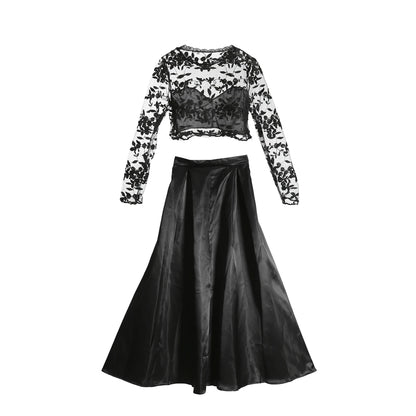 2pcs Set Elegant Formal Black Long Skirt Sexy Women Prom Long Dress Evening Party Lace Tops Long Maxi Ball Gown Skirt Hot