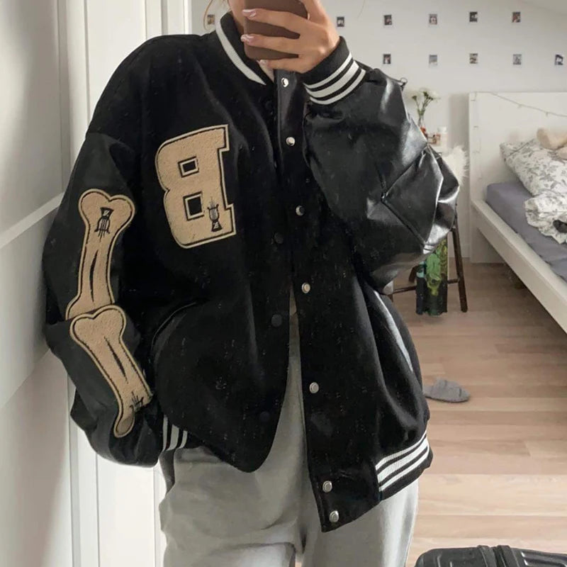 Varsity Baseball Bomberjacke Damen Hip Hop Harajuku Knochenbrief Patchwork Lederjacken Streetwear Männer Unisex College Mäntel