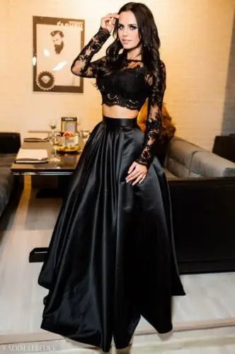 2pcs Set Elegant Formal Black Long Skirt Sexy Women Prom Long Dress Evening Party Lace Tops Long Maxi Ball Gown Skirt Hot