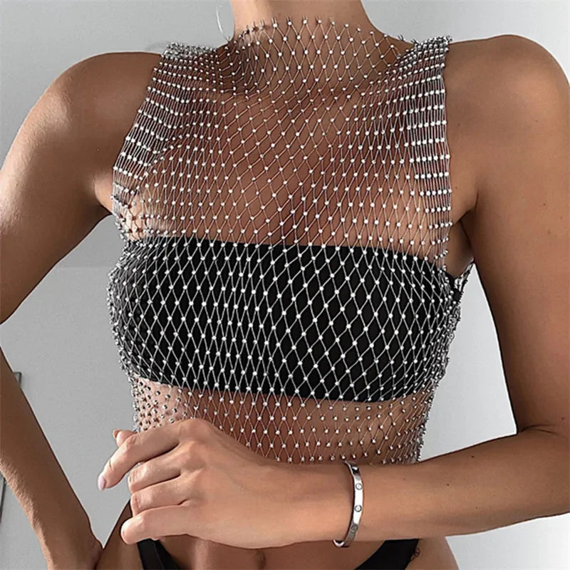 Damen Fishnet Strass Crop Top 2023 Sommer Sexy Mesh Hochelastisch Schwarz Weiß Shirt Netz Durchsichtig Rave Diamant Tank Top