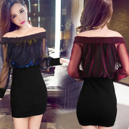 Autumn and Winter Women's Long-Sleeved Sexy A- line Belly Covering Hip Student Girlfriends Dress Chiffon T-shirt